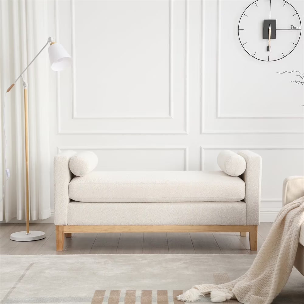 53.5"W Elegant Upholstered Bench with Wood Legs & Round Pillows,Comfy Boucle Fabric Footrest with Arms, Entryway Bench for End of Bed, Bedroom and Living Room, Ivory
