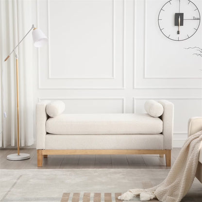 53.5"W Elegant Upholstered Bench with Wood Legs & Round Pillows,Comfy Boucle Fabric Footrest with Arms, Entryway Bench for End of Bed, Bedroom and Living Room, Ivory