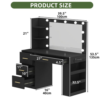 Uforic Makeup Vanity Desk with Mirror & Lights, Vanity Desk with 4 Drawers & Storage Shelves - White