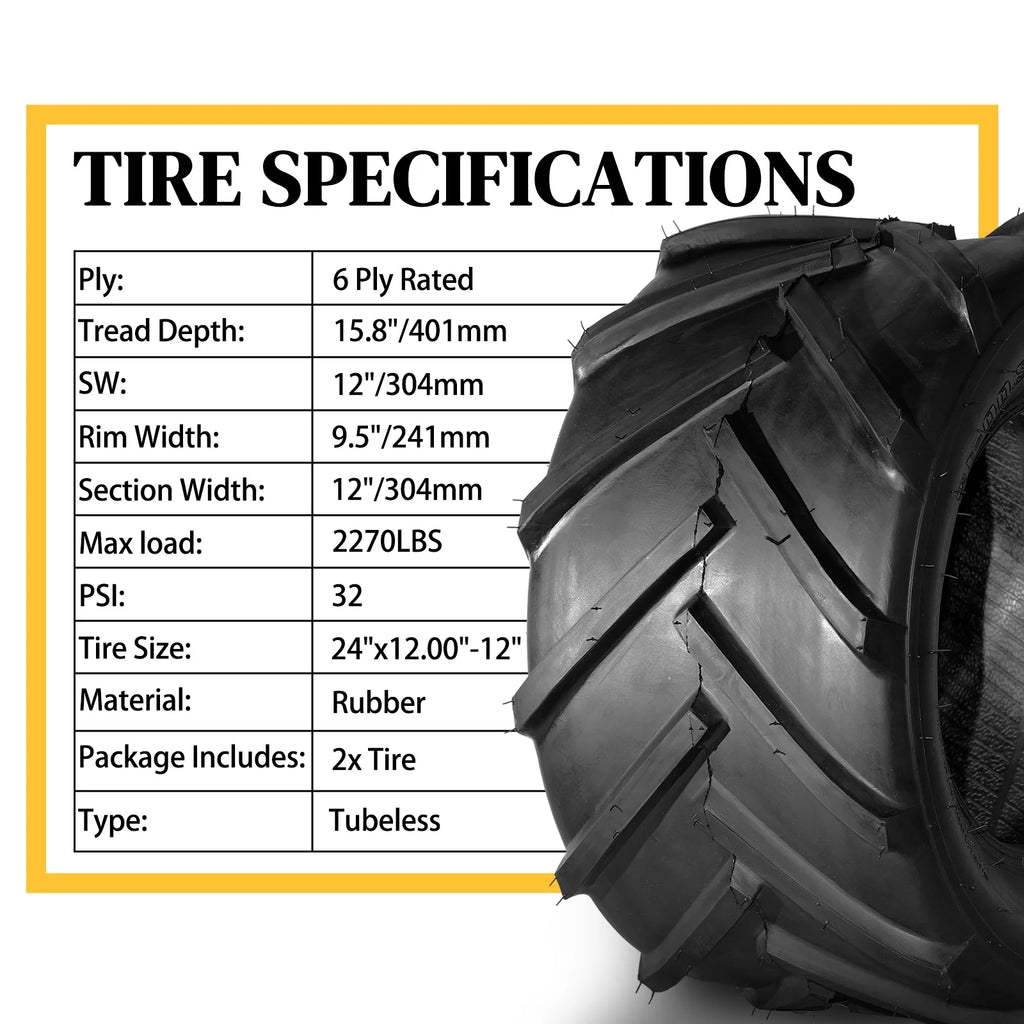Ktaxon 2 Pack 24x12.00-12 Lawn Mower Turf Tires, Garden Mower Tractor Cart Tires, 6PR Golf Cart Tires, Tubeless