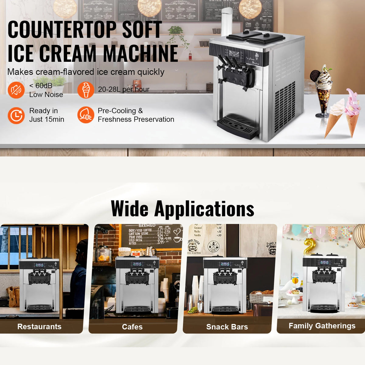 SIHAO 1200W Commercial Ice Cream Machine Countertop 18L/H Soft Serve Ice Cream Maker with LED Display