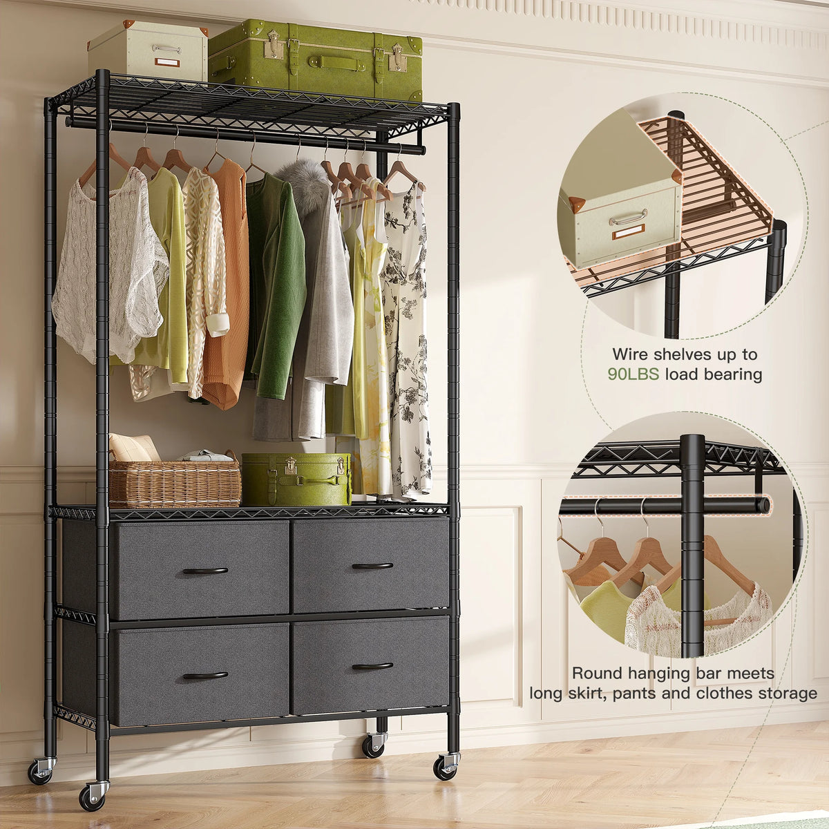 71" H Clothes Rack with Fabric Drawers, Freestanding Garment Rack with Metal Wire Shelf, Pink