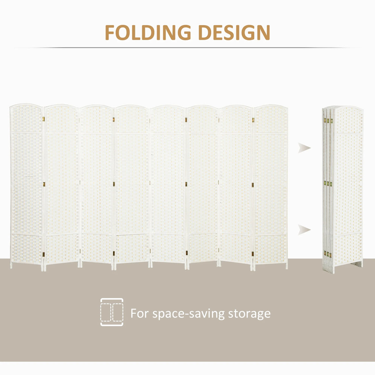 HOMCOM Room Divider, 8 Panel Folding Privacy Screen, 5.6' Tall Freestanding Partition for Home Office, Bedroom, White