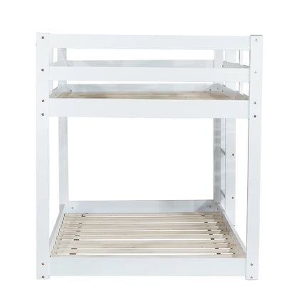 Twin Over Twin Floor Bunk Bed, UHOMEPRO Solid Wood Low Bunk Bed with Safety Rail, Ladder, Heavy Duty Bunk Beds, Space-Saving Bedroom Dorm Furniture, Gray