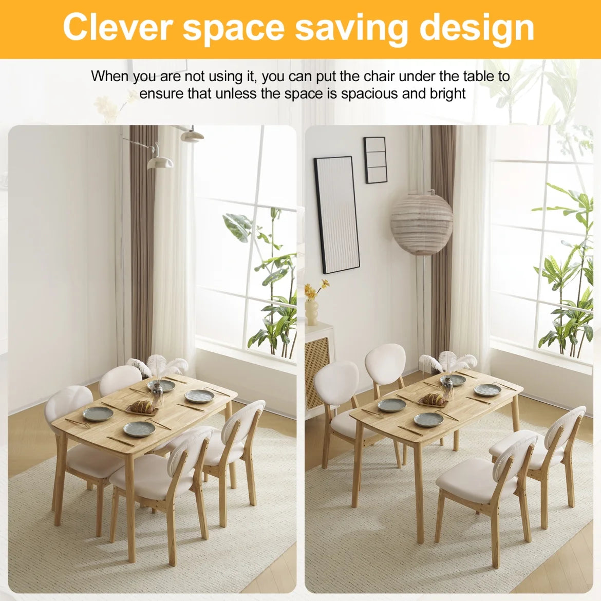 5-Piece Wooden Kitchen Table and Chair Set, Dinette Sets with 1 Rectangular Table and 4 Upholstered Chairs, Space-Saving Dining Table Set for 4, Natural