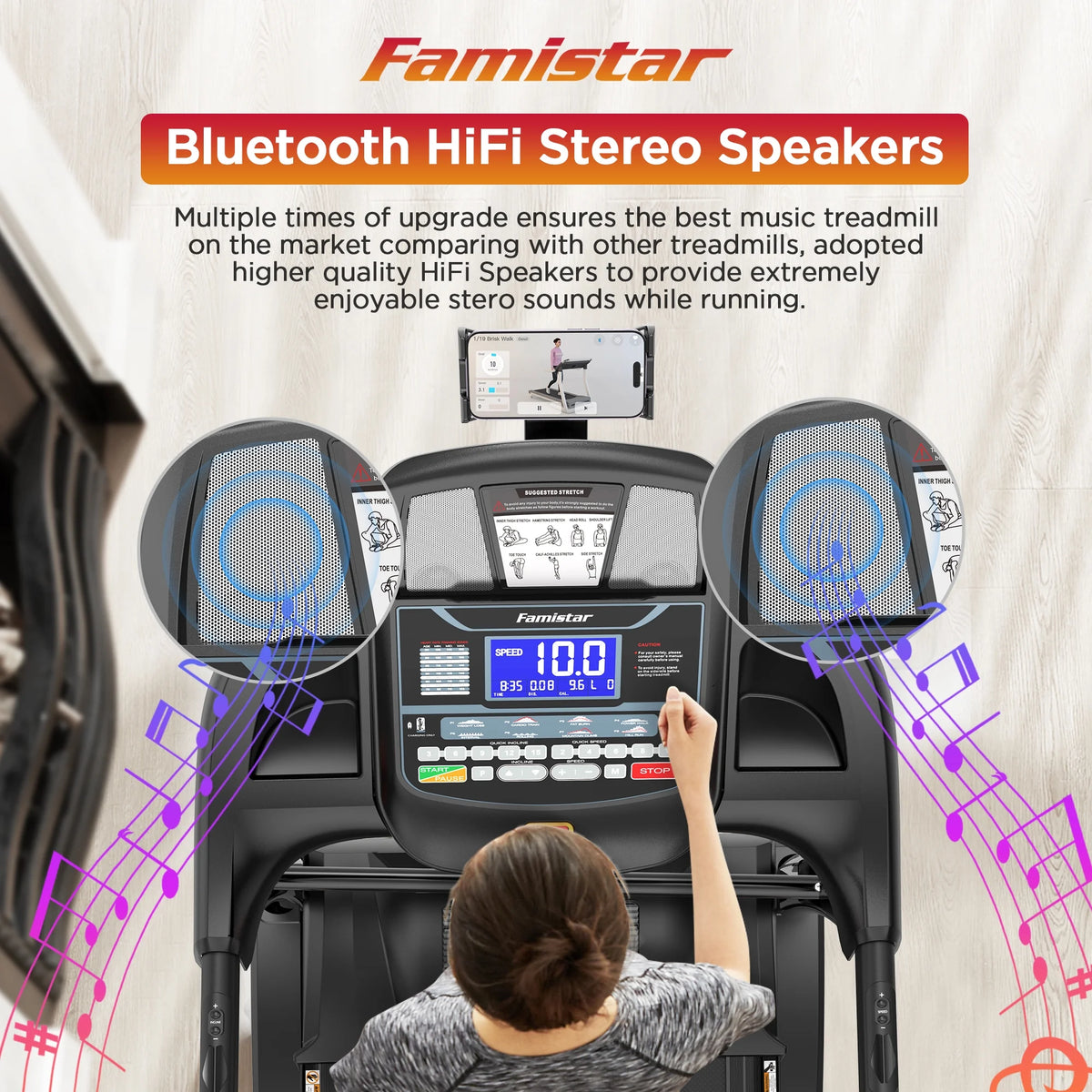 Treadmill 300 LB Capacity for Home with Incline, Folding Electric Running Walking Treadmill, Portable Treadmill for Home Use, 7.5 MPH, Smart Apps, 64+7 Programs, Bluetooth Speakers