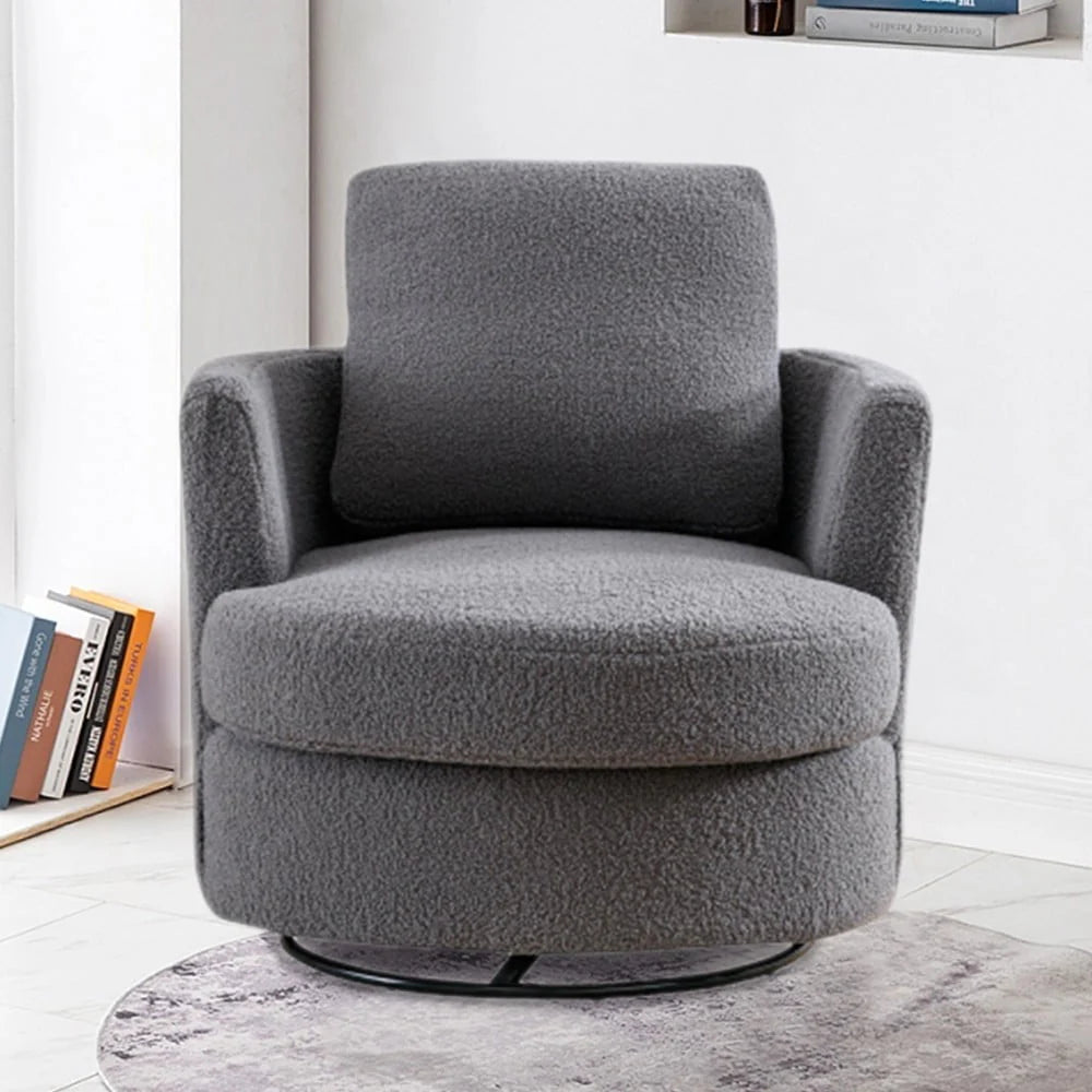 CCBUY 31.9"W Swivel Barrel Chair, Swivel Accent Chair Sherpa Chair with Plump Pillow, Comfy Round Accent Chair for Living Room, Swivel Round Chair with Detachable Cushion, Gray