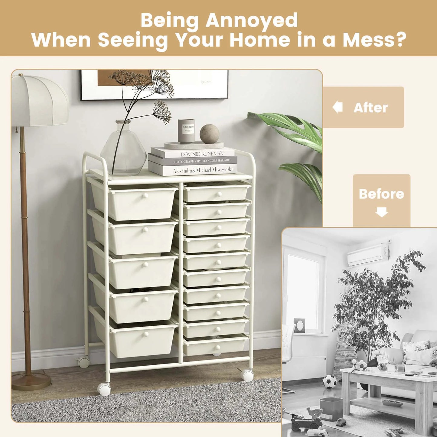 Costway 15 Drawer Rolling Storage Cart Tools Scrapbook Paper Office School Organizer White