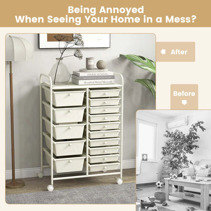 Costway 15 Drawer Rolling Storage Cart Tools Scrapbook Paper Office School Organizer White
