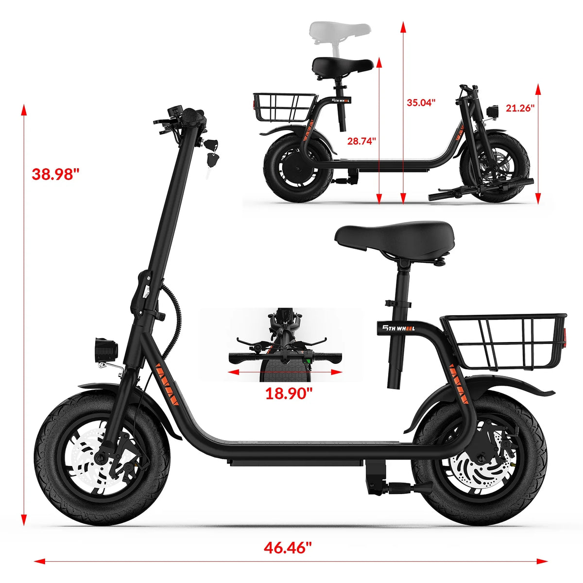 5TH WHEEL W18S 450W Motor Electric Scooter for Adults with Seat and Carry Basket, 36V 20Miles Range & 15.5Mph, 12" Foldable E Scooter for Commuting