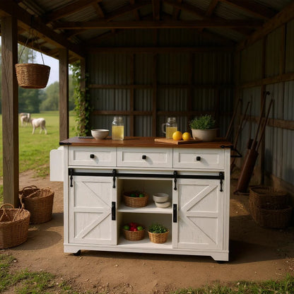 Homy Casa Farmhouse 53.7" Kitchen Island with Storage Cabinet, Sliding Barn Doors, and Wheels, White Oak