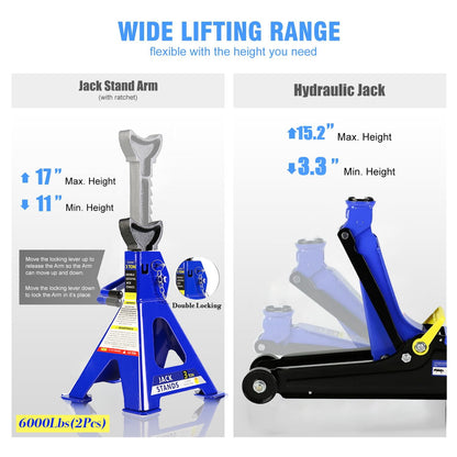 POVANLI Floor Jack, 2 Ton Low Profile Floor Jack, 3t jack stand Tire Repair Kit Heavy Duty Steel Racing Floor Jack with Single Piston Quick Lift Pump, Floor Jack Lifting Range 3.3"-15.2"