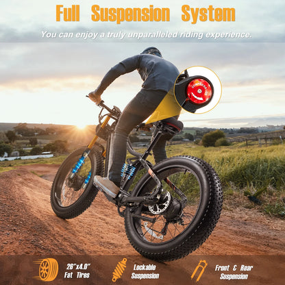 Dual Motors AWD 2000W Electric Bike for Adult 26'' UL2849 48V 30AH E-mountain bike 4.0 Fat Tire up to 35MPH&120Miles Long Range Off-road Ebike Dual Hydraulic Disc Brakes&Ful Suspension Electric Bicyc