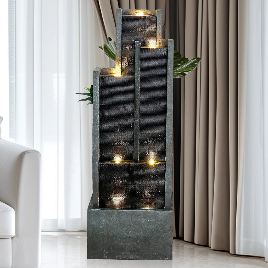 4-Tier Water Fountain with LED Lights  - 50.7" H Waterfall Fountain Indoor Outdoor Water Feature for Home, Patio, Garden