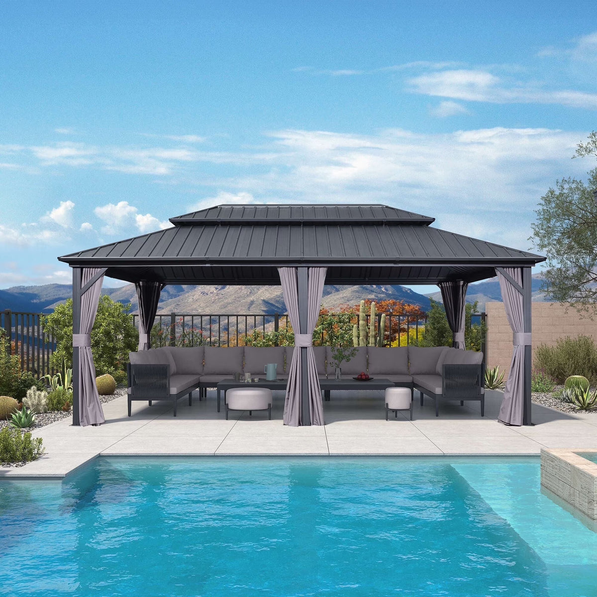 PURPLE LEAF 8' X 8' Gazebo Outdoor Gazebo Permanent Hardtop Gazebo with Galvanized Steel Double Roof for Patio Backyard Deck Aluminum Gazebo with Netting and Curtains Grey