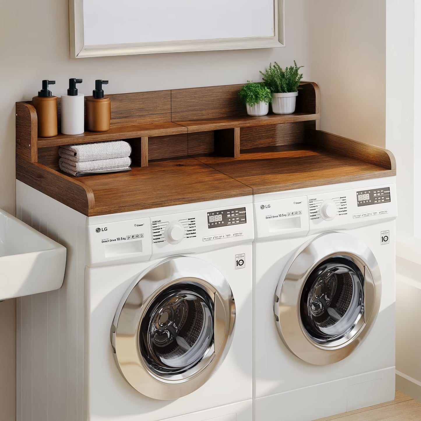 Wood 2-Tier Washer Dryer Countertop with Edge Rails, 54" W x 27.5" D Washer and Dryer Topper for Laundry Room Organization and Storage, Walnut