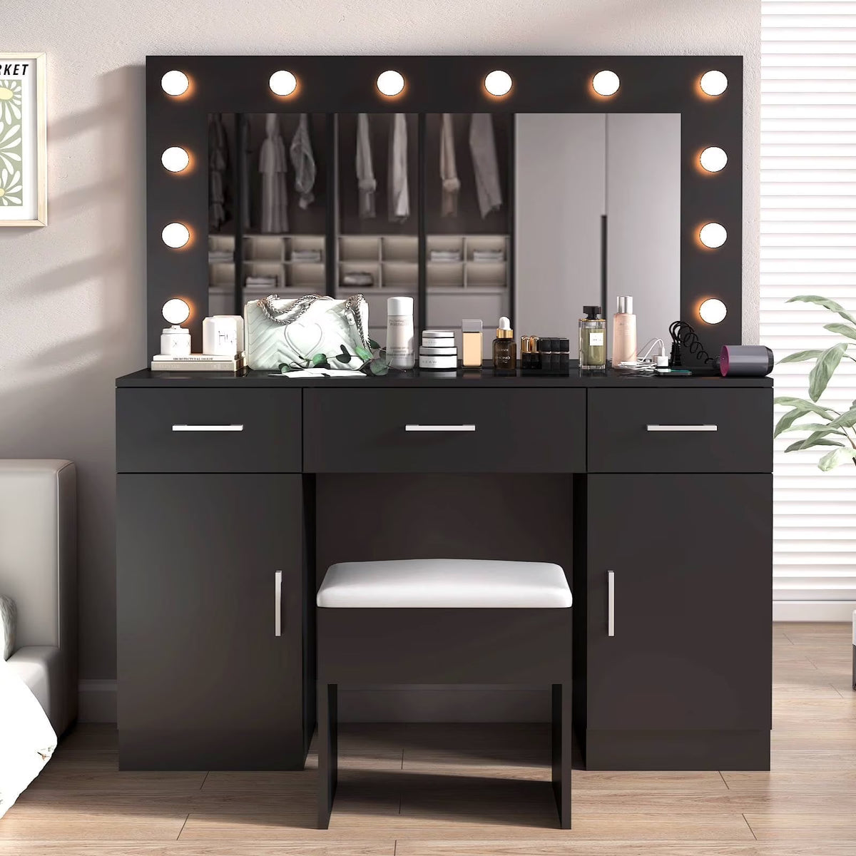 Ktaxon Large Makeup Vanity, Vanity Table Set w/ Visible Glass Top w/ Charging Station, White