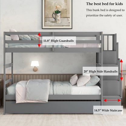 Bellemave Twin over Twin Stairway Bunk Bed with Trundle Wooden Bunk Bed Frame with Guardrails and Staircase, Twin Size Bunk Bed with Storage Stairs for Kids, Teens, Gray
