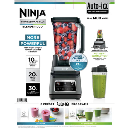 Ninja Professional Plus DUO Blender, 1400 W, 2 Auto-IQ Programs for Smoothies, Nutrient Extraction, 72 oz* Total Crushing Pitcher & (1) 24 oz To-Go Cup, Black, BN750