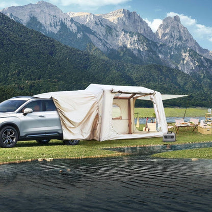 Beige 4-6 Person Inflatable Camping Tent (4-Season – 2-in-1 SUV/Tailgate+Standalone, 5min Setup, Waterproof Oxford, Mesh Windows)