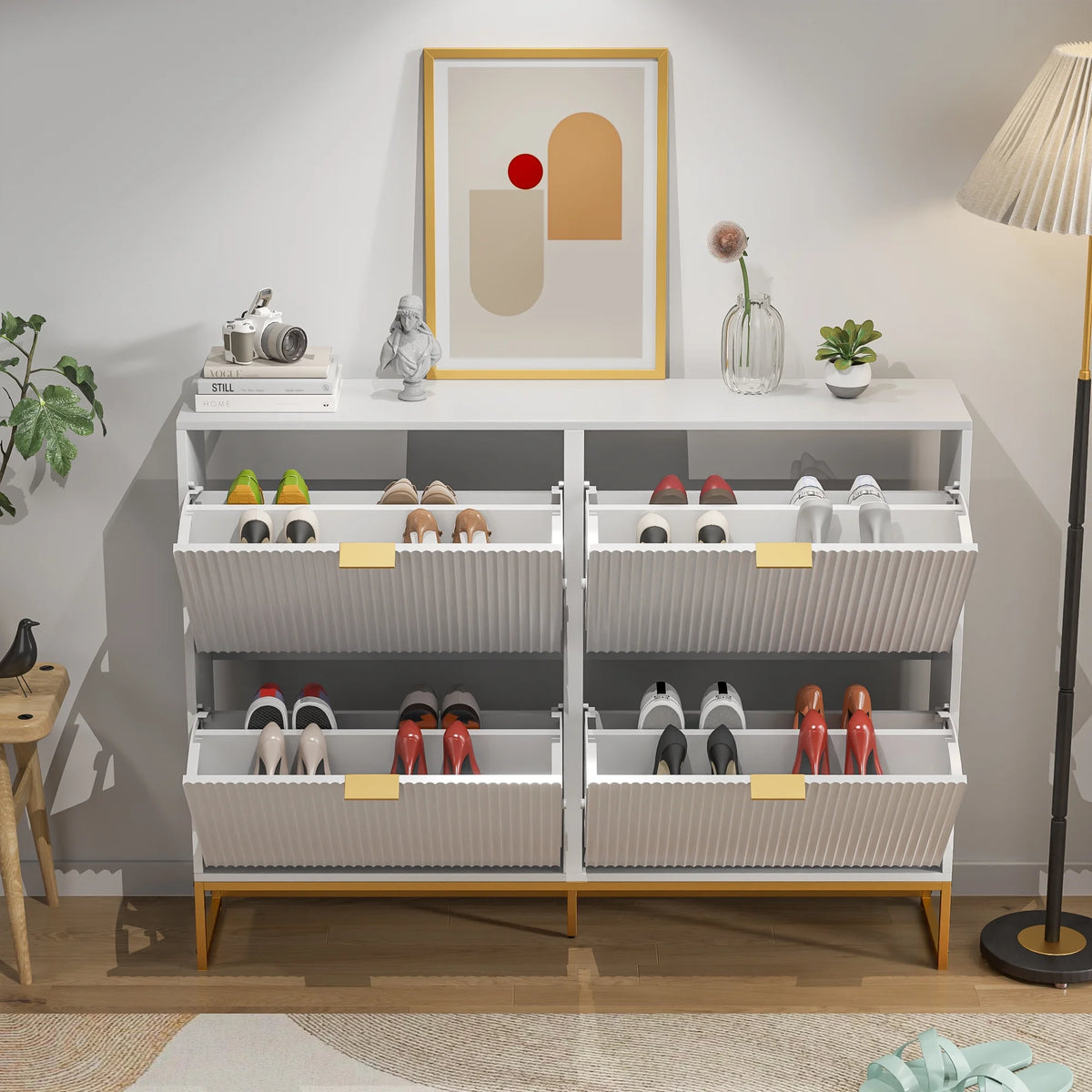Oubayajia Modern Shoe Storage Cabinet, Wood Shoe Rack Organizer with 2 Flip Drawers, Freestanding Narrow Shoe Cabinet for Entryway Hallway, Natural