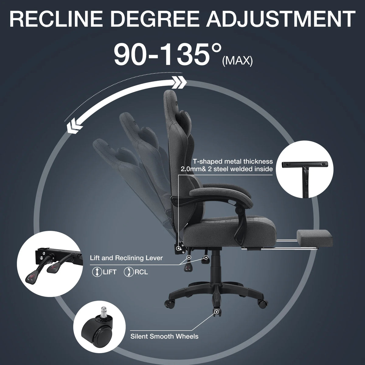 Hoffree Gaming Chair with Massage Fabric Office Chair with footrest for Adults, Ergonomic Gamer Chair with Headrest and Lumbar Support for Office Gaming, 440 LBS