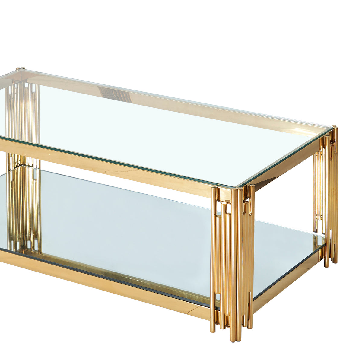 Estrel Glass Top Contemporary Metal Coffee Table with Lower Shelf in Gold