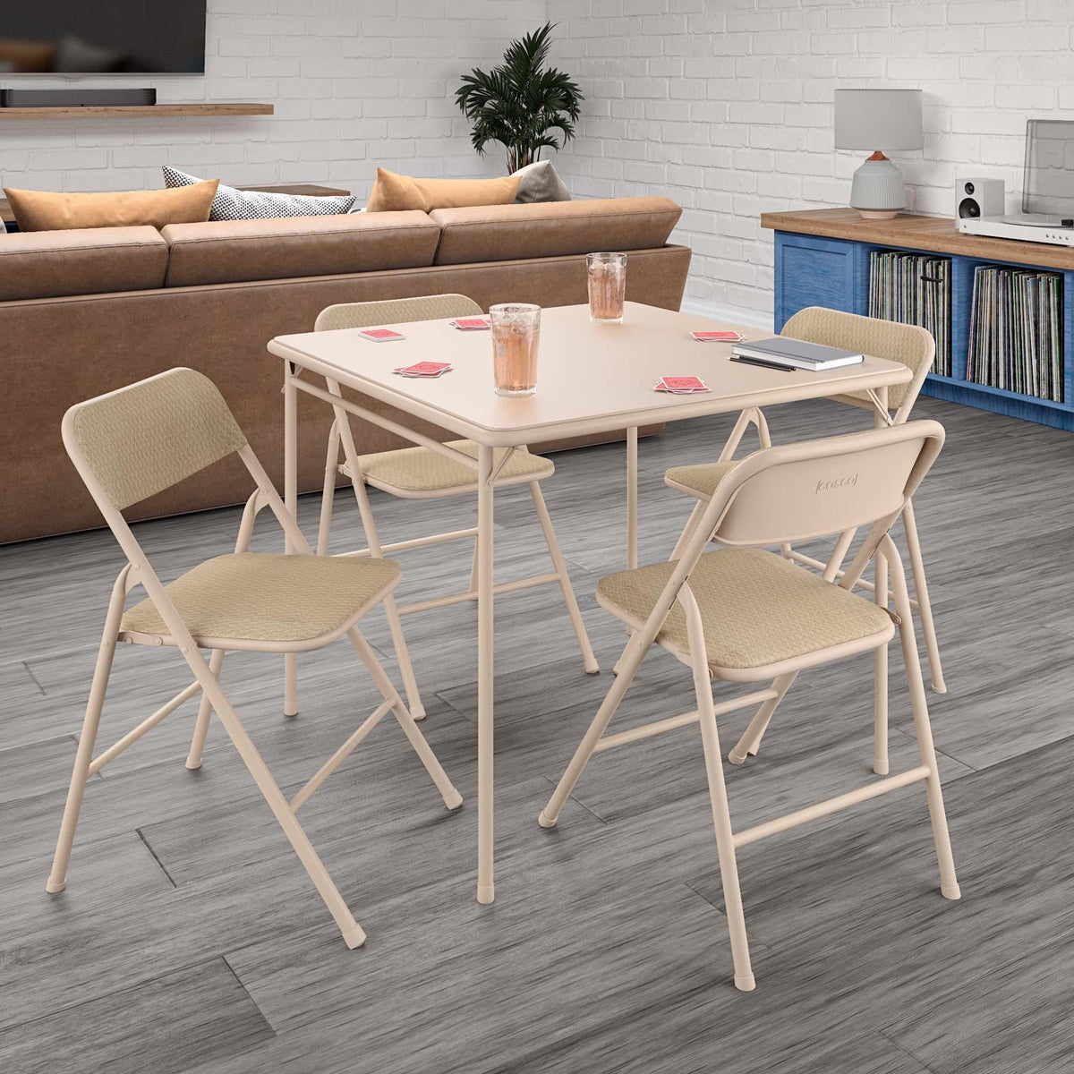 COSCO 5-Piece Folding Dining Set with Card Table and 4 Fabric Padded Chairs, Tan