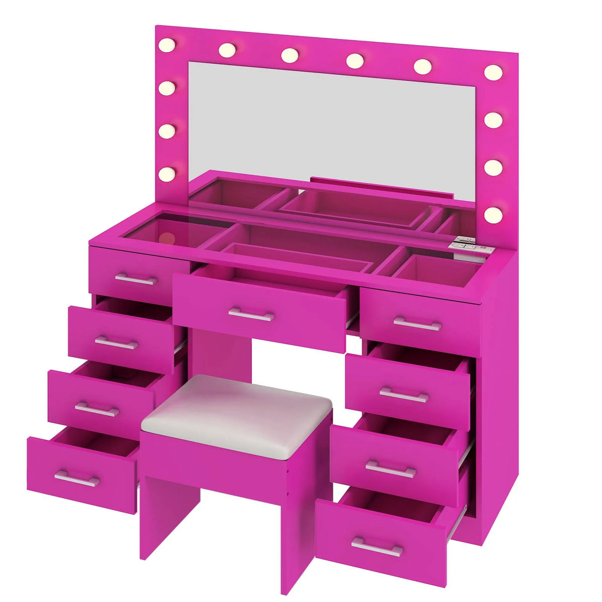 Ktaxon Large Makeup Vanity, Vanity Table Set w/ Visible Glass Top w/ Charging Station, White