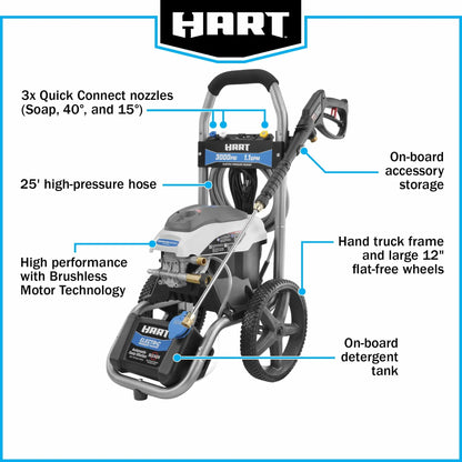 HART 3000PSI 1.1 GPM Cold Water Electric Pressure Washer, Brushless Motor