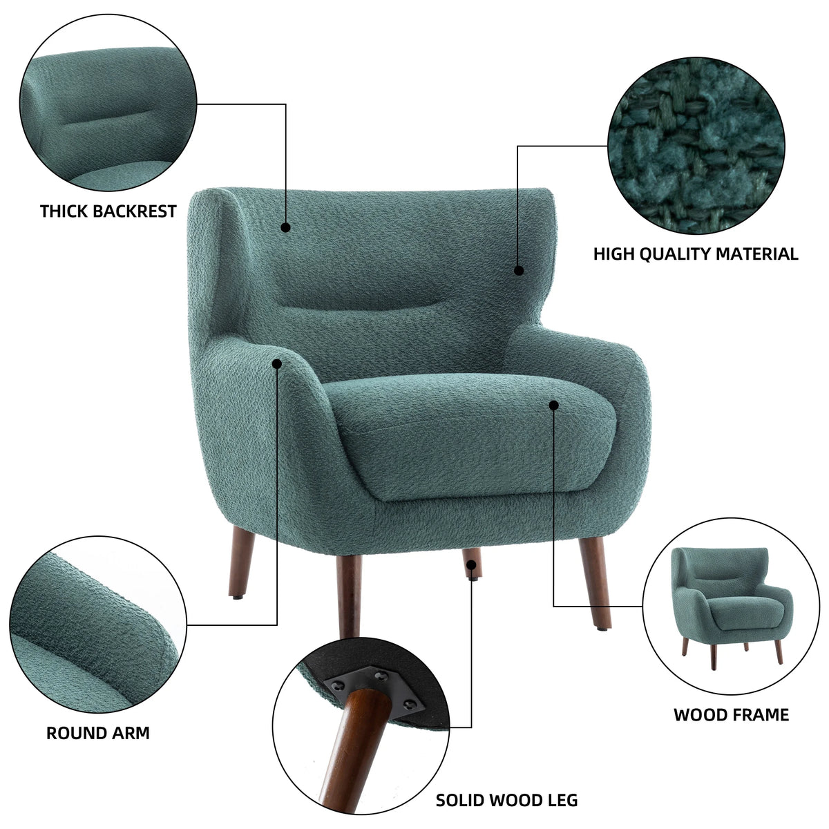 ALEAVIC White Accent Chair Upholstered Armchair with Solid Wood Legs