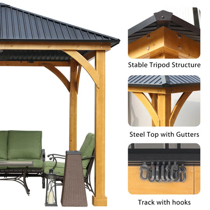 Aoodor 10 x 12 ft Wooden Frame Gazebo with 2-Tier Galvanized Metal Hardtop Roof, Outdoor Patio Gazebo with Charging Socket for Patio, Backyard, Deck, and Lawn