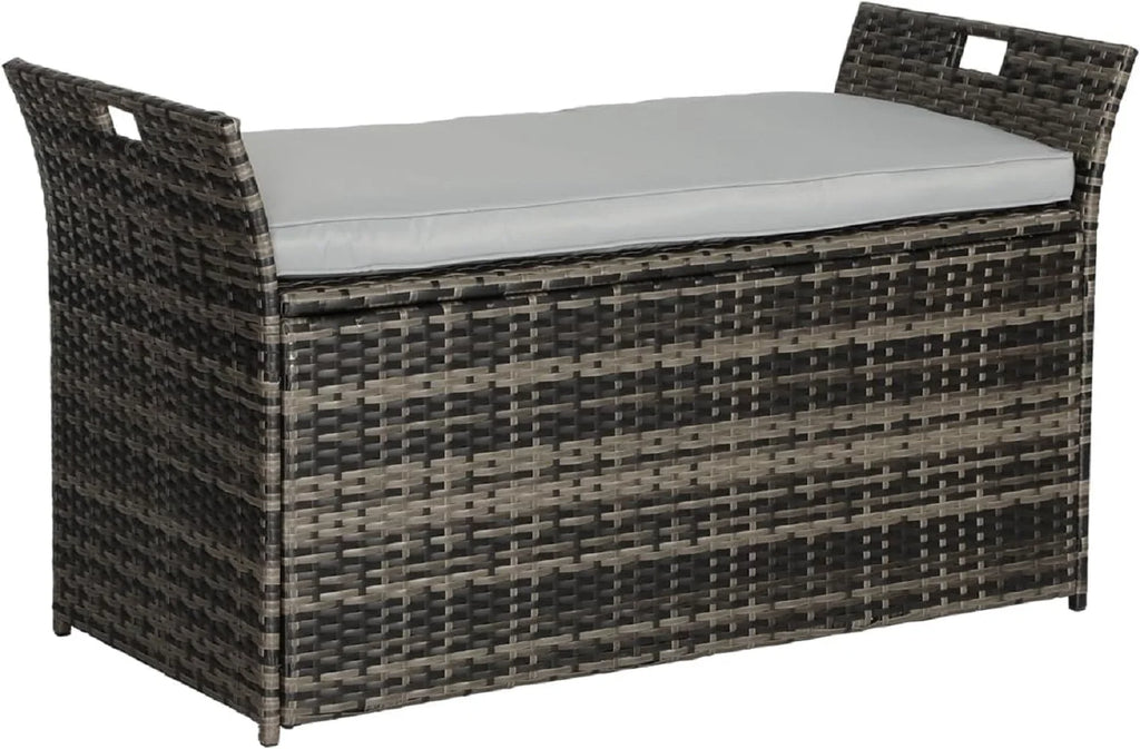 SOLAURA 90 Gallon Patio Wicker Storage Bench w/Cushion, Outdoor Rattan Deck Storage Box w/Handles & Hydraulics, Gray