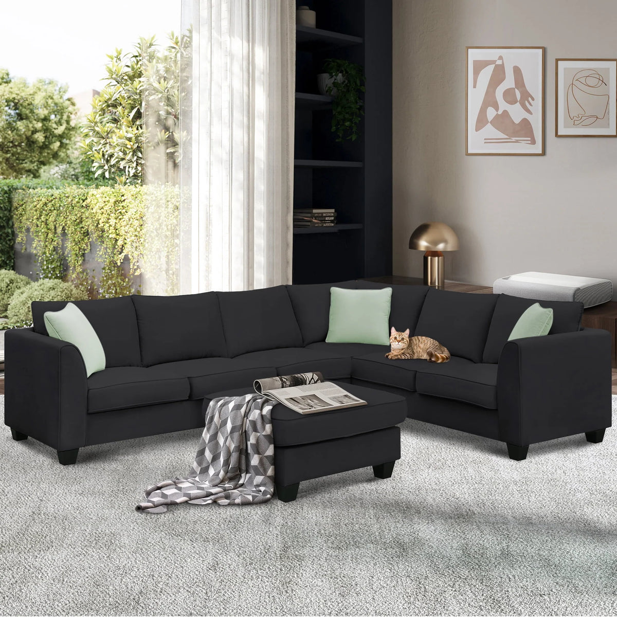 L-Shaped Modular Sectional Couch, KAMIDA 7-Seater Sectional Couch with Ottoman and 3 Pillows, Modern L-Shaped Fabric Upholstered Couch Furniture, Heavy Duty Sectional Couch for Living Room, Black