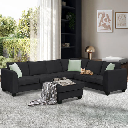 L-Shaped Modular Sectional Couch, KAMIDA 7-Seater Sectional Couch with Ottoman and 3 Pillows, Modern L-Shaped Fabric Upholstered Couch Furniture, Heavy Duty Sectional Couch for Living Room, Black
