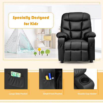 Infans Kids Youth Recliner Chair PU Leather w/Cup Holders & Side Pockets Black