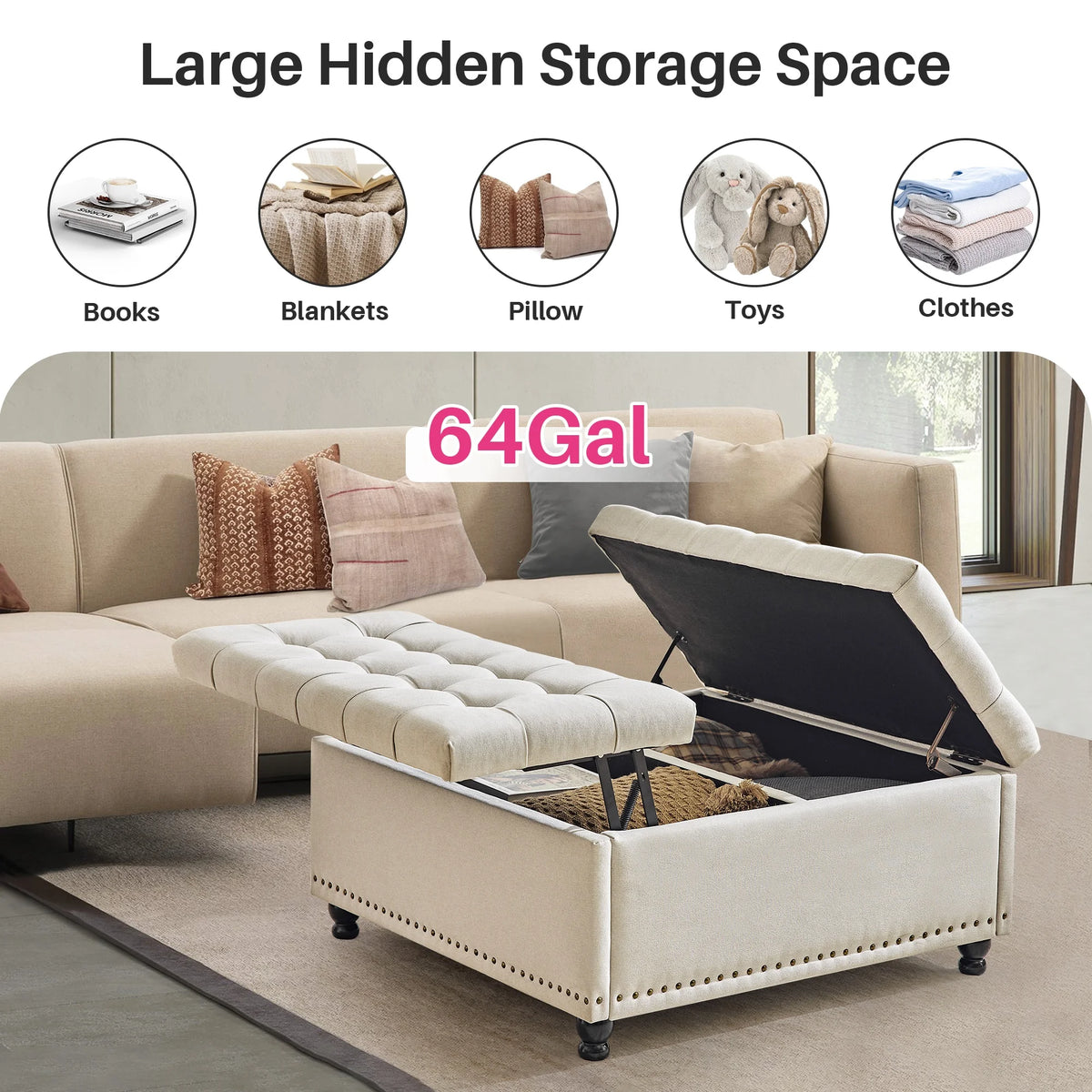 Redlife 35 Inch Large Square Storage Ottoman Bench, Storage Ottoman Coffee Table Large Square Ottoman with Storage Lift Top Tufted Storage Ottoman for Living Room (Brown Leathaire)