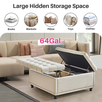 Redlife 35 Inch Large Square Storage Ottoman Bench, Storage Ottoman Coffee Table Large Square Ottoman with Storage Lift Top Tufted Storage Ottoman for Living Room (Brown Leathaire)