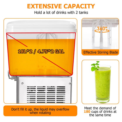 TROPOW Commercial Beverage Dispenser, 2 Tanks ,Juice Dispenser, 380W Stainless Steel Food Grade Lemonade Dispenser With Thermostat Controller, Drink Dispensers for Parties Restaurant