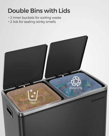 16 Gallon Dual Trash Can, Rubbish Bin and 15 Trash Bags, Metal, Almond Color