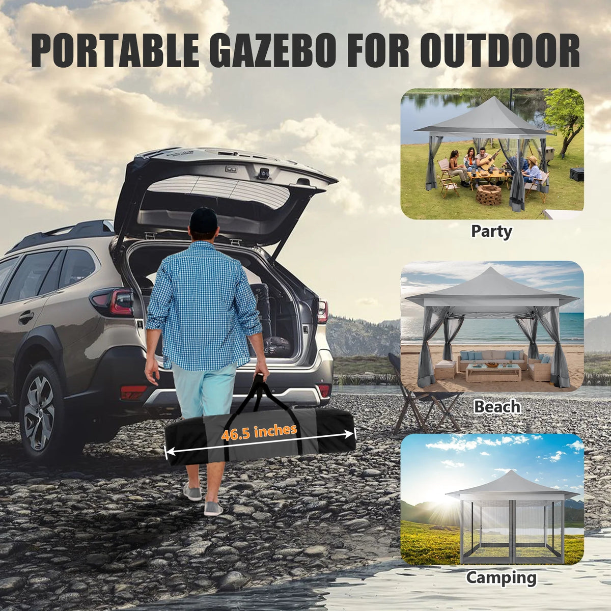 HOTEEL 12x12 EZ Pop Up Gazebo Tent with Sidewalls,Patio Gazebo Instant Shelter for Outdoor Party Camping Backyard Beach with Carry Bag,Stakes,Ropes,Gray