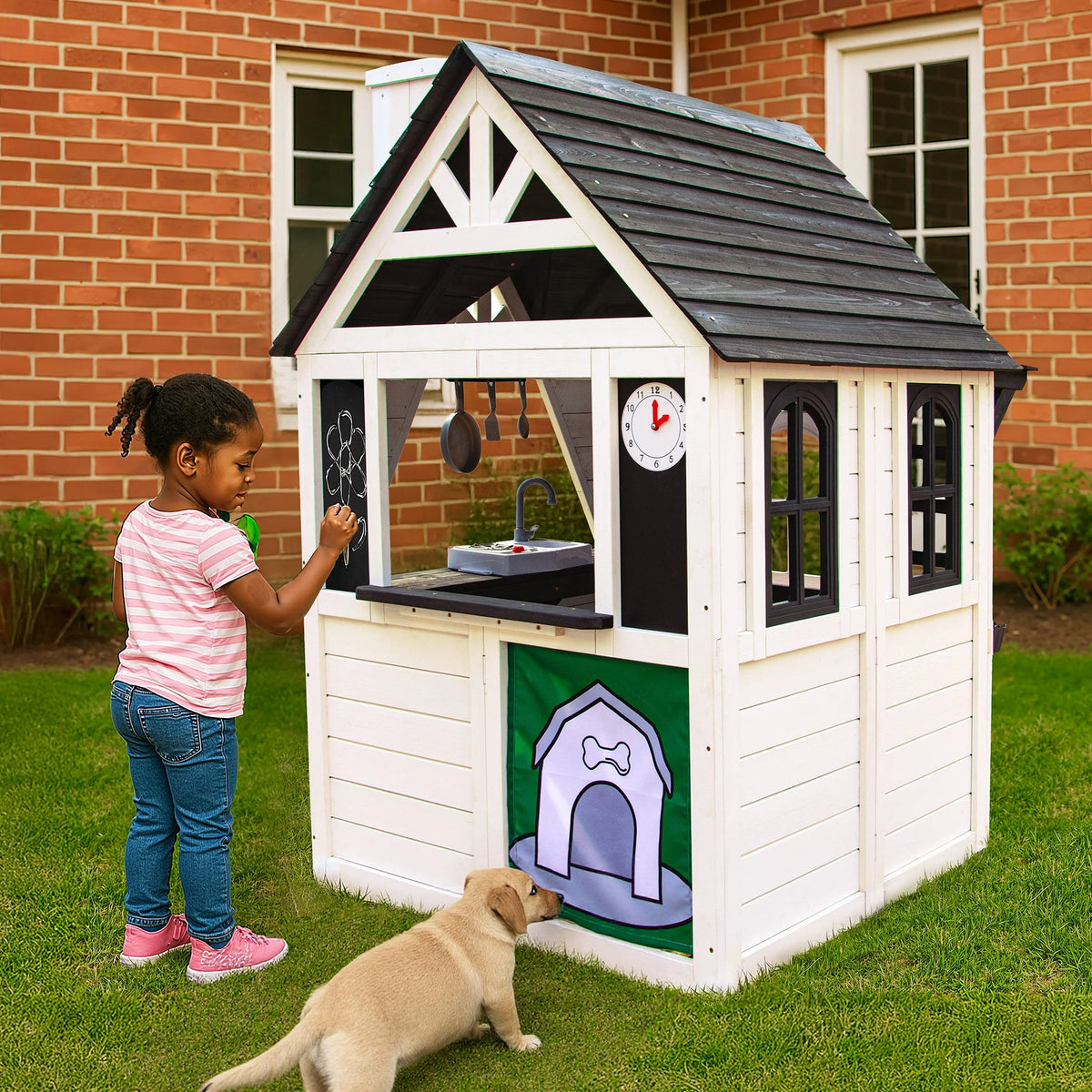COCLUB Outdoor Playhouse for Kids Ages 4-8, Wooden Play House with Doorbell, Phone, Kitchen Toys, Outdoor Kids Play Equipment, Casa Para Ni?as (45��L x 65��H), White & Black