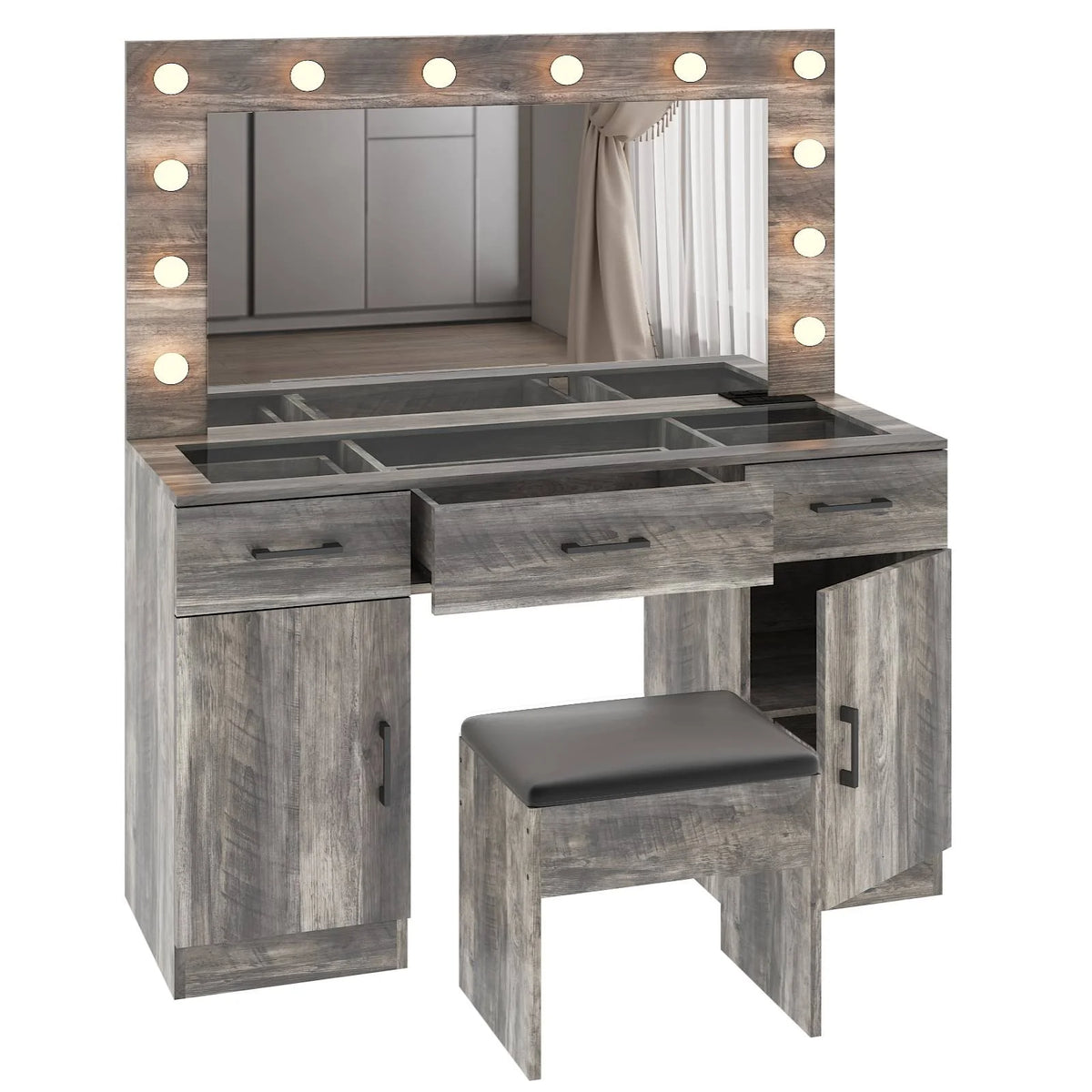 Ktaxon Large Makeup Vanity, Vanity Table Set w/ Visible Glass Top w/ Charging Station, White