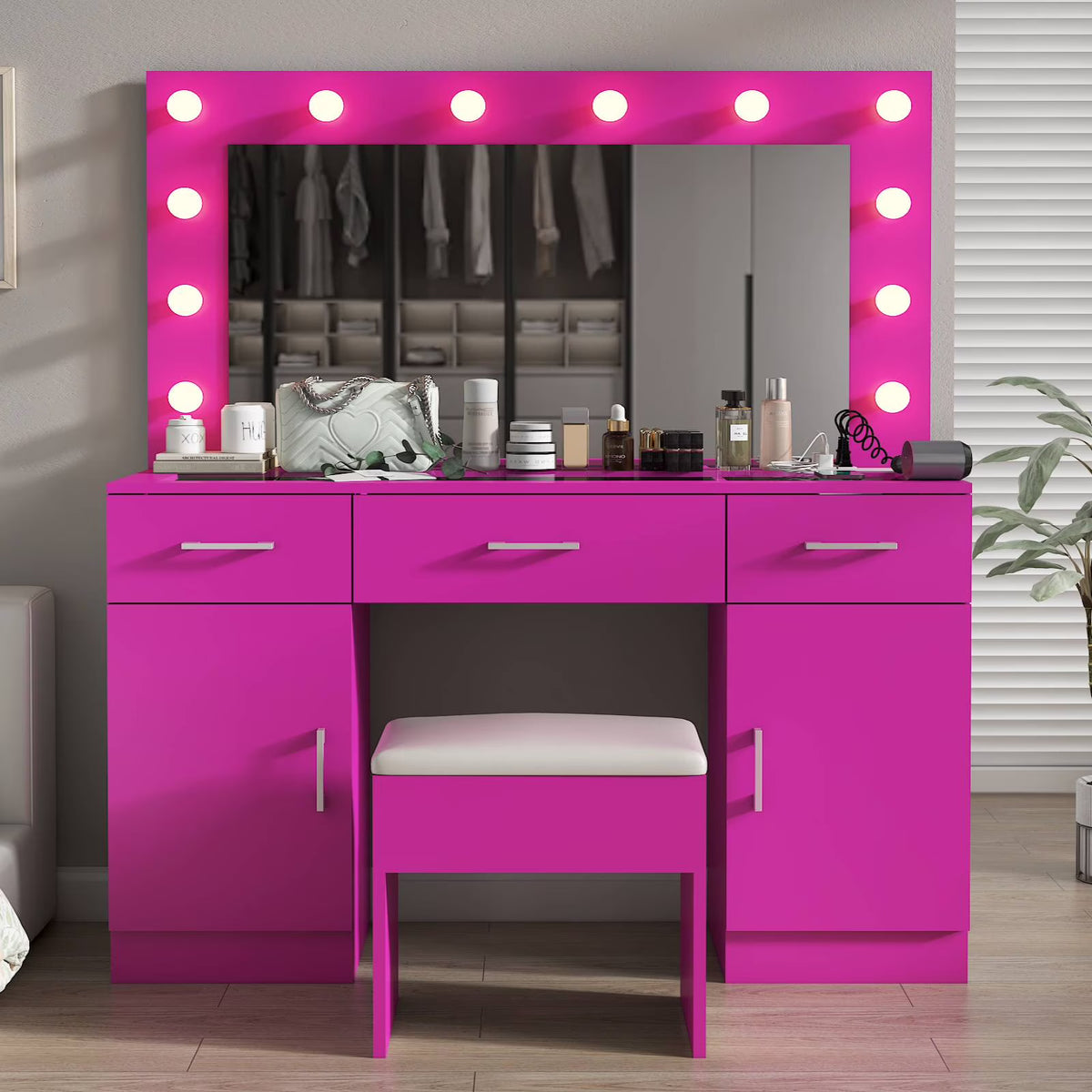 Ktaxon Large Makeup Vanity, Vanity Table Set w/ Visible Glass Top w/ Charging Station, White