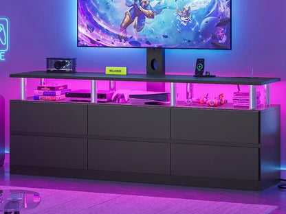 Afuhokles TV Stand with Mount and Power Outlet, TV Mount for up to 75 inch TVs, Modern LED TV Stand with 6 Drawers, Black