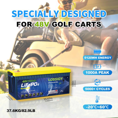 LOSSIGY 48V 100AH LiFePO4 Lithium Golf Cart Battery with 48V18A Charger, Perfect for Solar System, Marine, 5120Wh 5000+ Deep Cycles, Built in BMS with 10 Yrs Lifespan