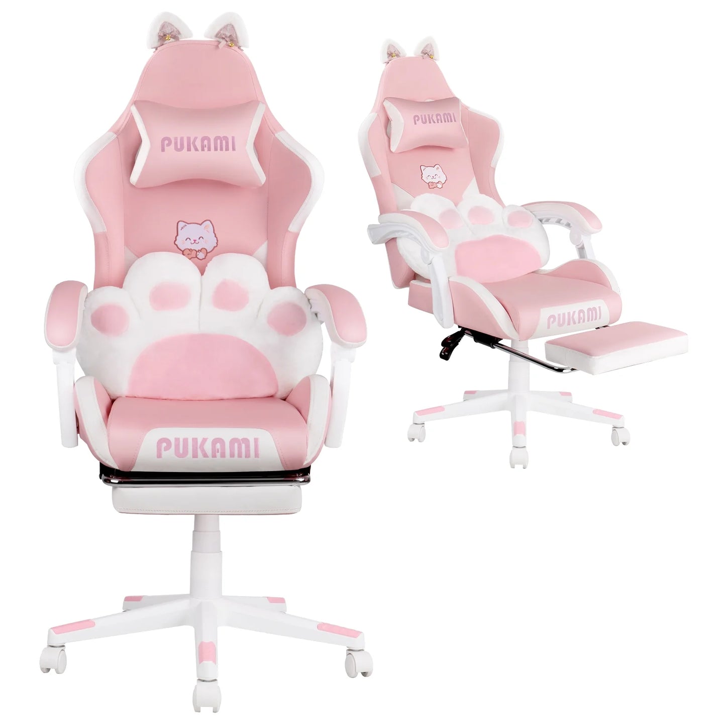 Waleaf Pink Gaming Chair with Cat Paw Lumbar Cushion and Cat Ears for Girls, Reclining Office Computer Chair with Footrest for Adults, Teens