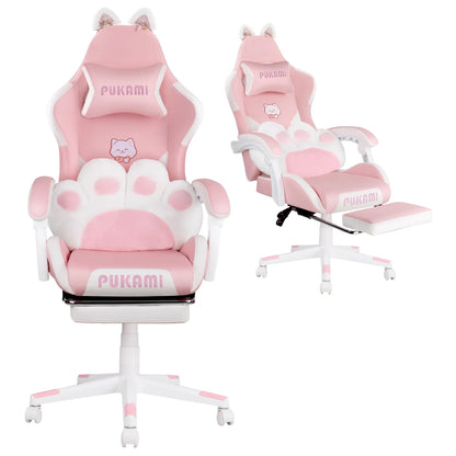 Waleaf Pink Gaming Chair with Cat Paw Lumbar Cushion and Cat Ears for Girls, Reclining Office Computer Chair with Footrest for Adults, Teens