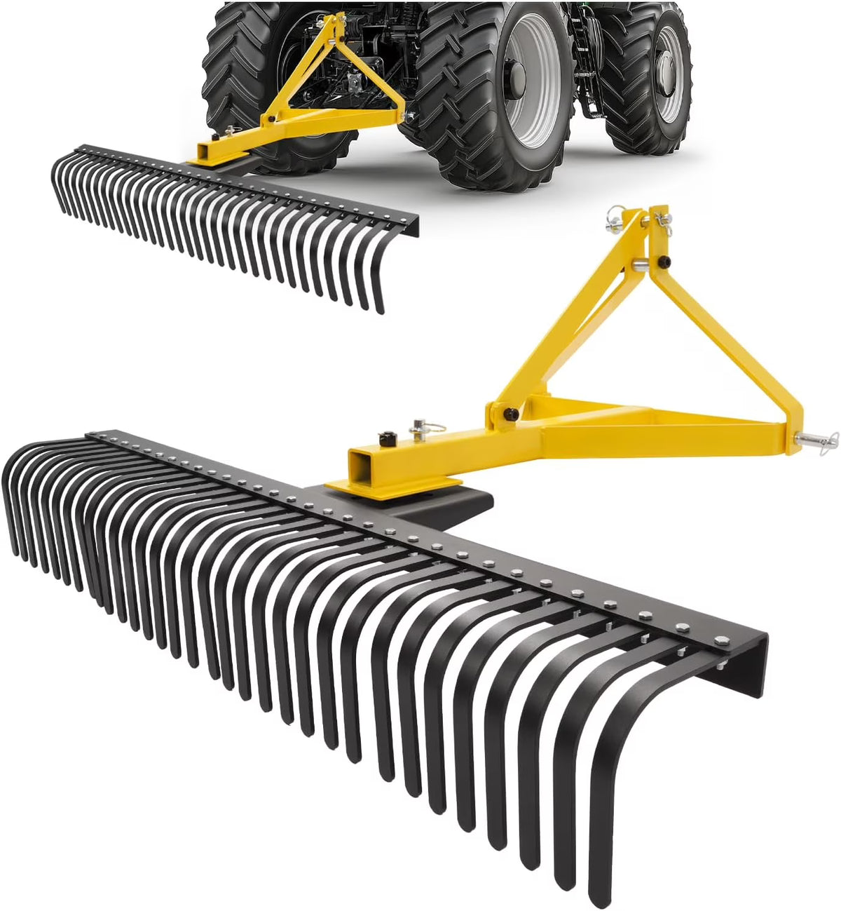 KOJEM 60In Landscape Rake 3 Point Rake 360 Degree Rotation Compatible with Category 1 Cat1 Compact Tractors Tow-Behind Garden Tool for Garden Farm Clearing Brush Raking Arenas 2 Package Yellow
