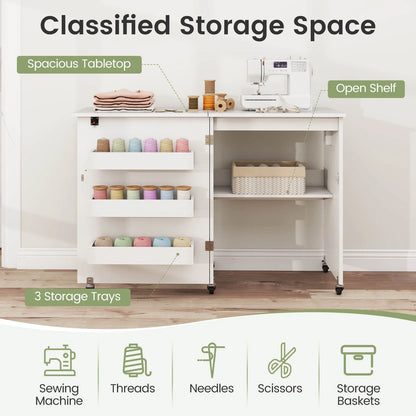 Costway Folding Sewing Table Rolling Craft Station with 3 Storage Bins & Charging Station White+natural